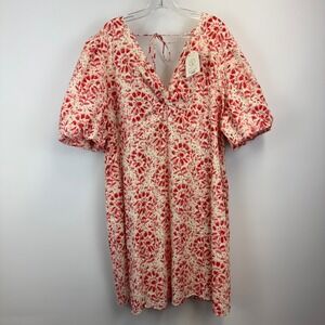 FatFace Tulip Floral Dress Ivory Red Eyelet Cotton VNeck Puff Sleeve 20R NWT